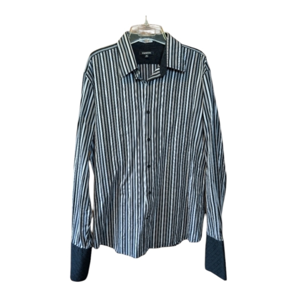 MENS EXPRESS Black Gray Button Up Striped Long Sleeve Shirt  XL